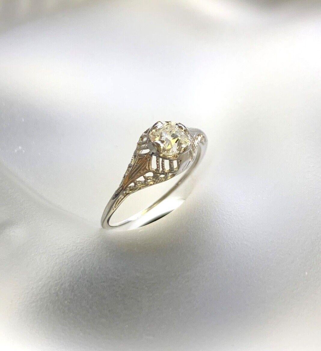 Women's Art Deco 18K White Gold .52ct French Mine Cut Diamond Ring