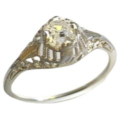 Art Deco 18K White Gold .52ct French Mine Cut Diamond Ring