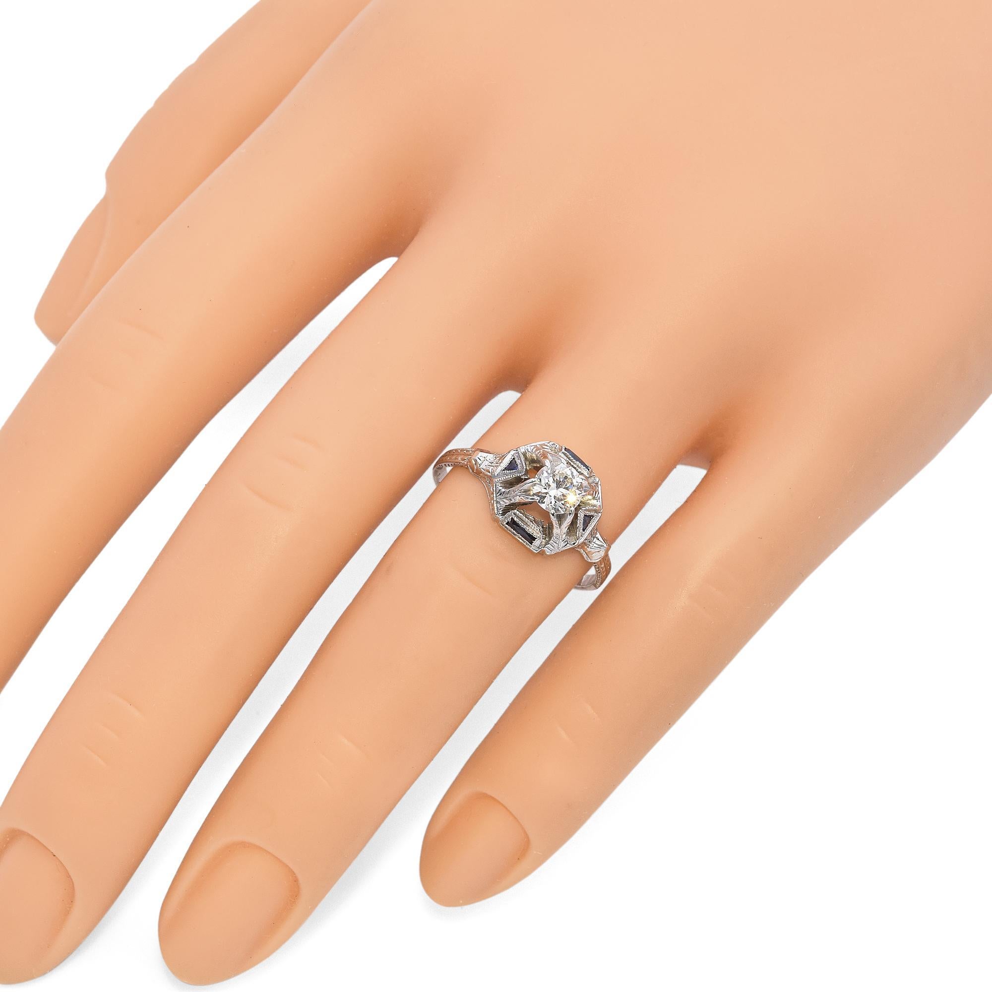 Old European Cut Art Deco 18k White Gold .5ct Diamond and Sapphire Solitaire Ring For Sale