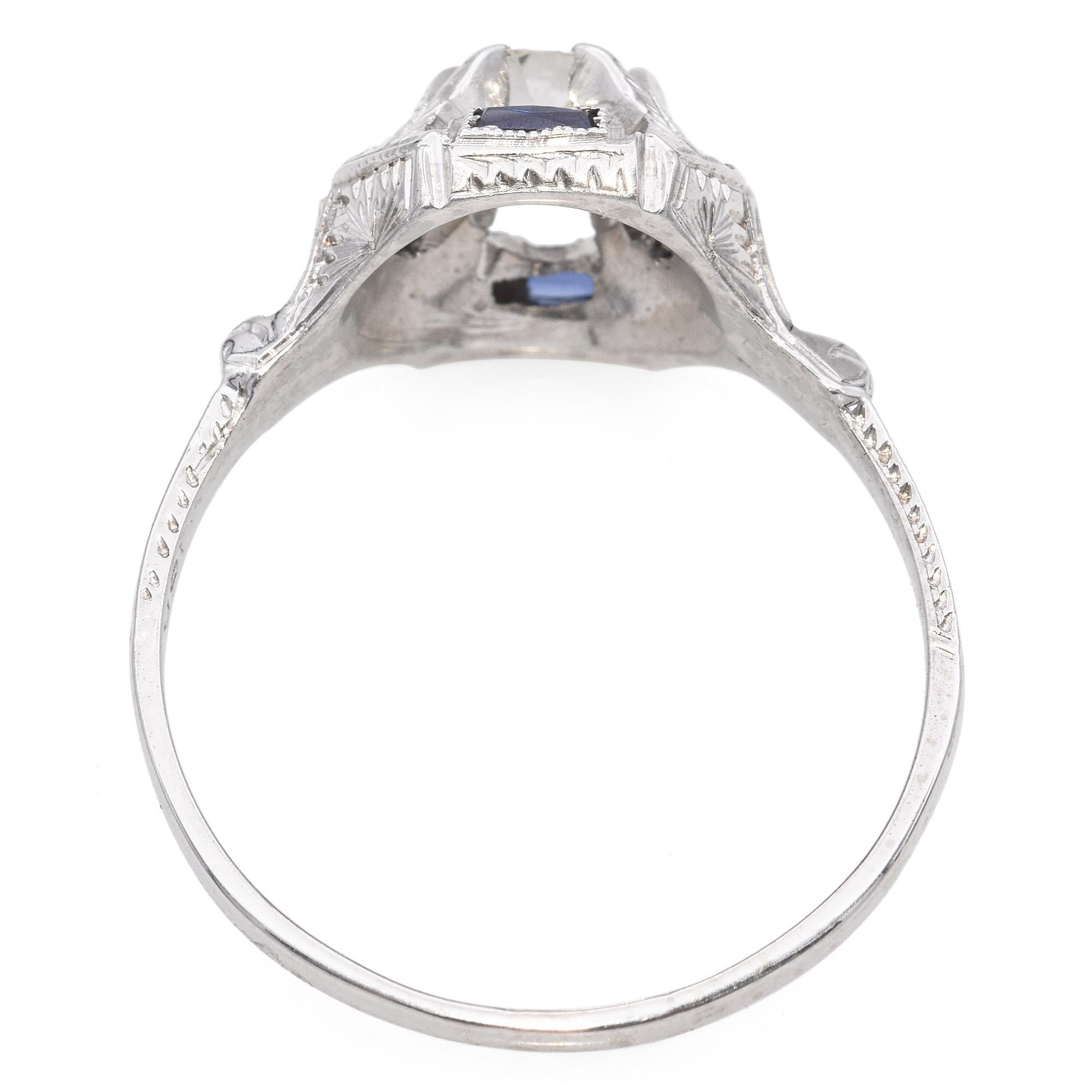 Art Deco 18k White Gold .5ct Diamond and Sapphire Solitaire Ring In Good Condition For Sale In New York, NY