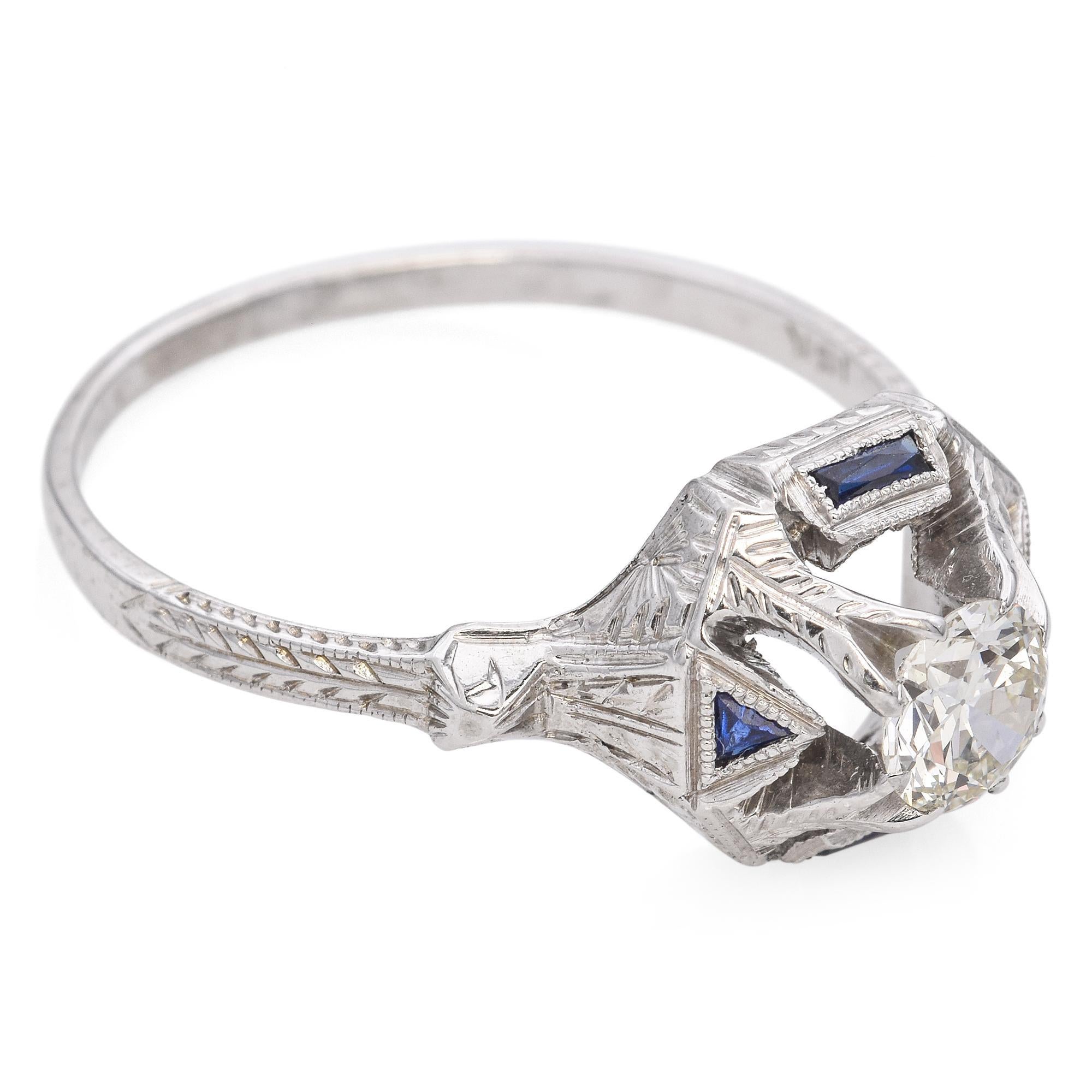 Women's Art Deco 18k White Gold .5ct Diamond and Sapphire Solitaire Ring For Sale
