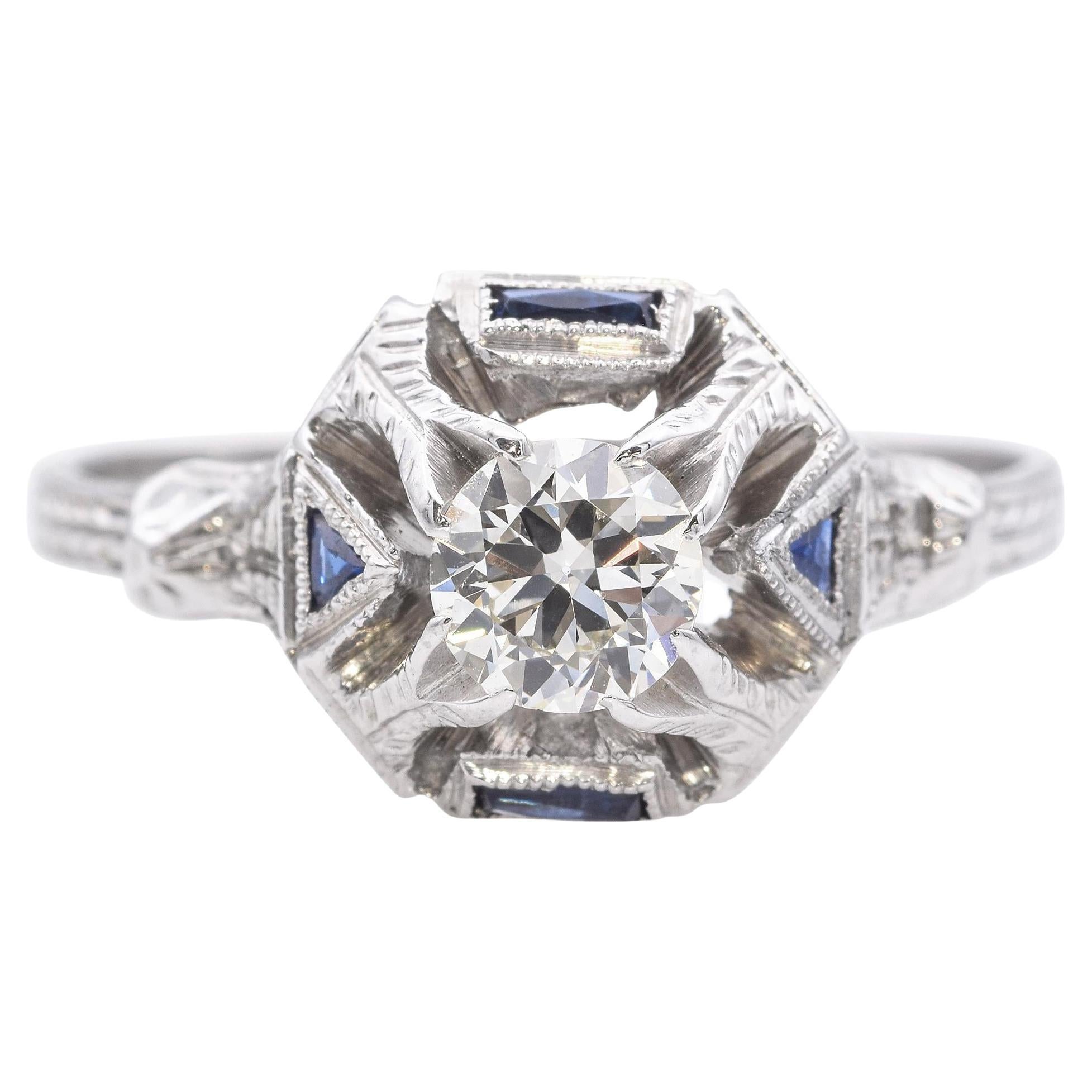 Art Deco 18k White Gold .5ct Diamond and Sapphire Solitaire Ring