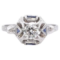Art Deco 18k White Gold .5ct Diamond and Sapphire Solitaire Ring