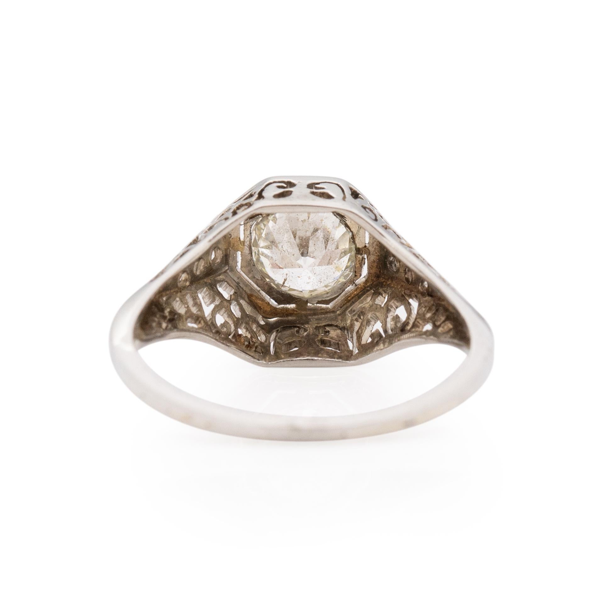 Old European Cut Art Deco 18K White Gold .71Ct Solitaire Diamond Carved Vintage Engagement Ring
