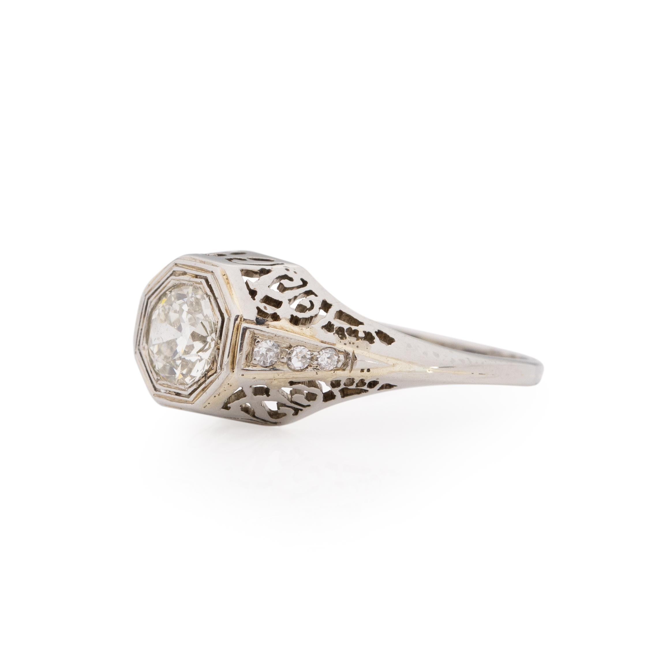 Art Deco 18K White Gold .71Ct Solitaire Diamond Carved Vintage Engagement Ring In Good Condition In Addison, TX