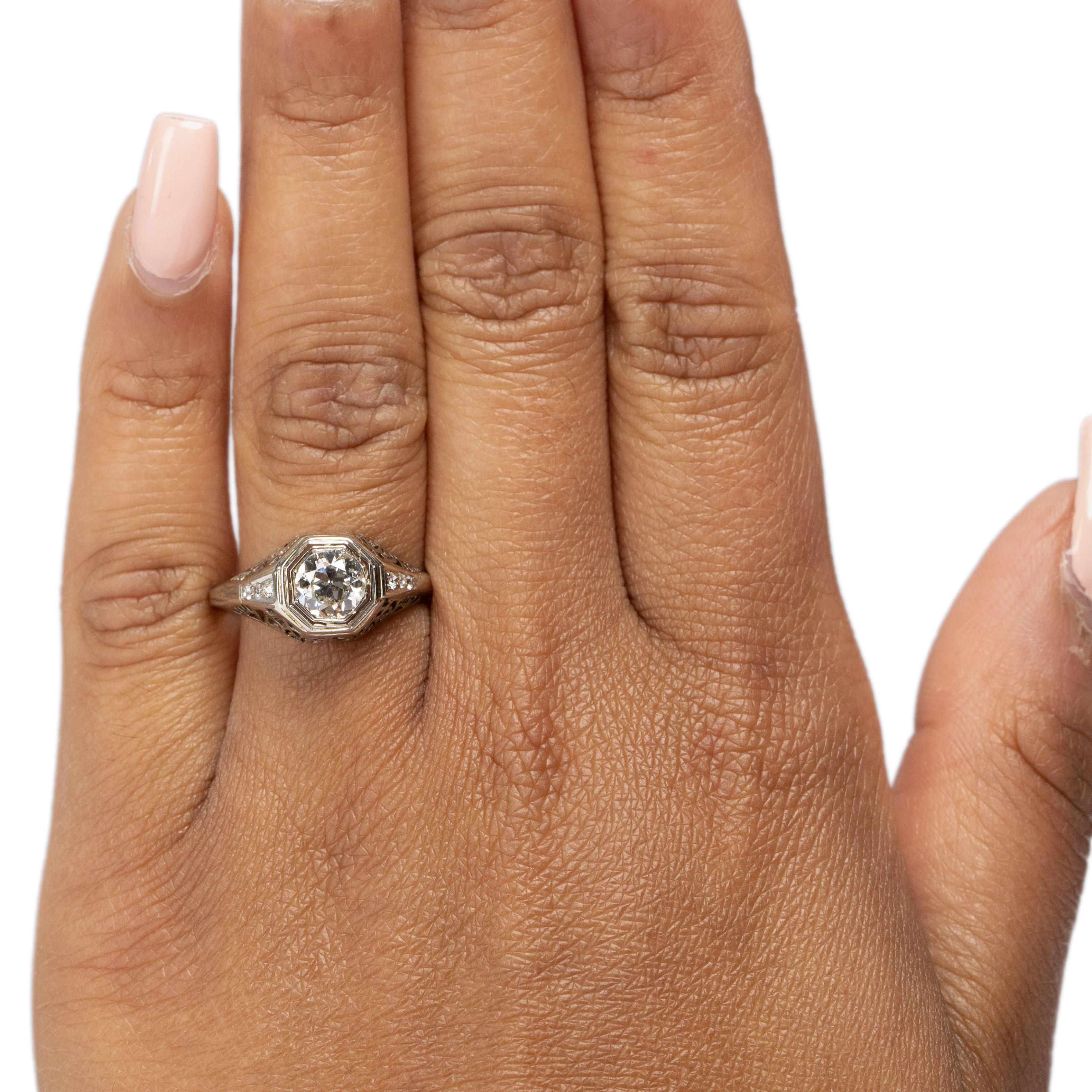Women's Art Deco 18K White Gold .71Ct Solitaire Diamond Carved Vintage Engagement Ring