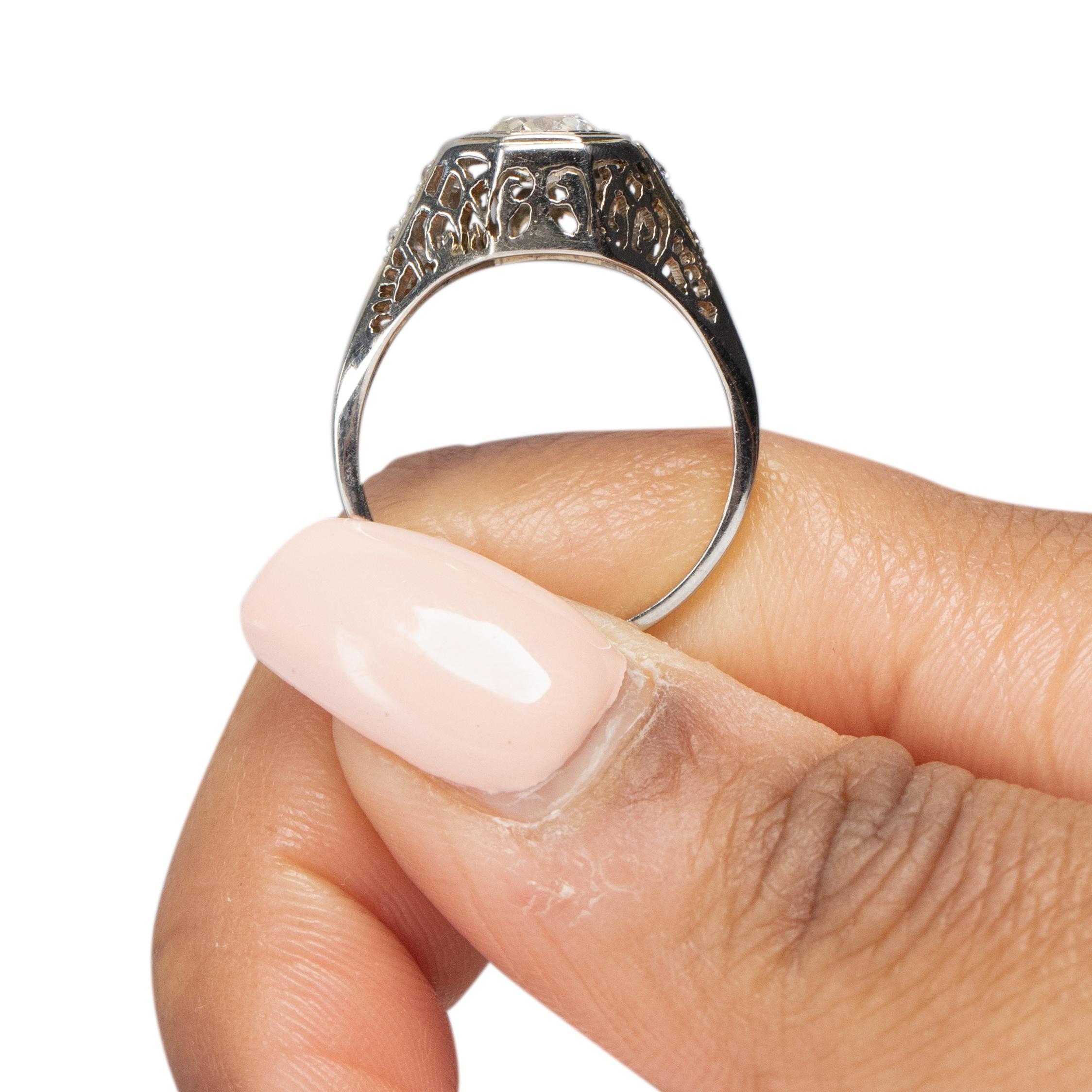 Art Deco 18K White Gold .71Ct Solitaire Diamond Carved Vintage Engagement Ring 3