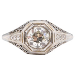 Art Deco 18K White Gold .71Ct Solitaire Diamond Carved Vintage Engagement Ring