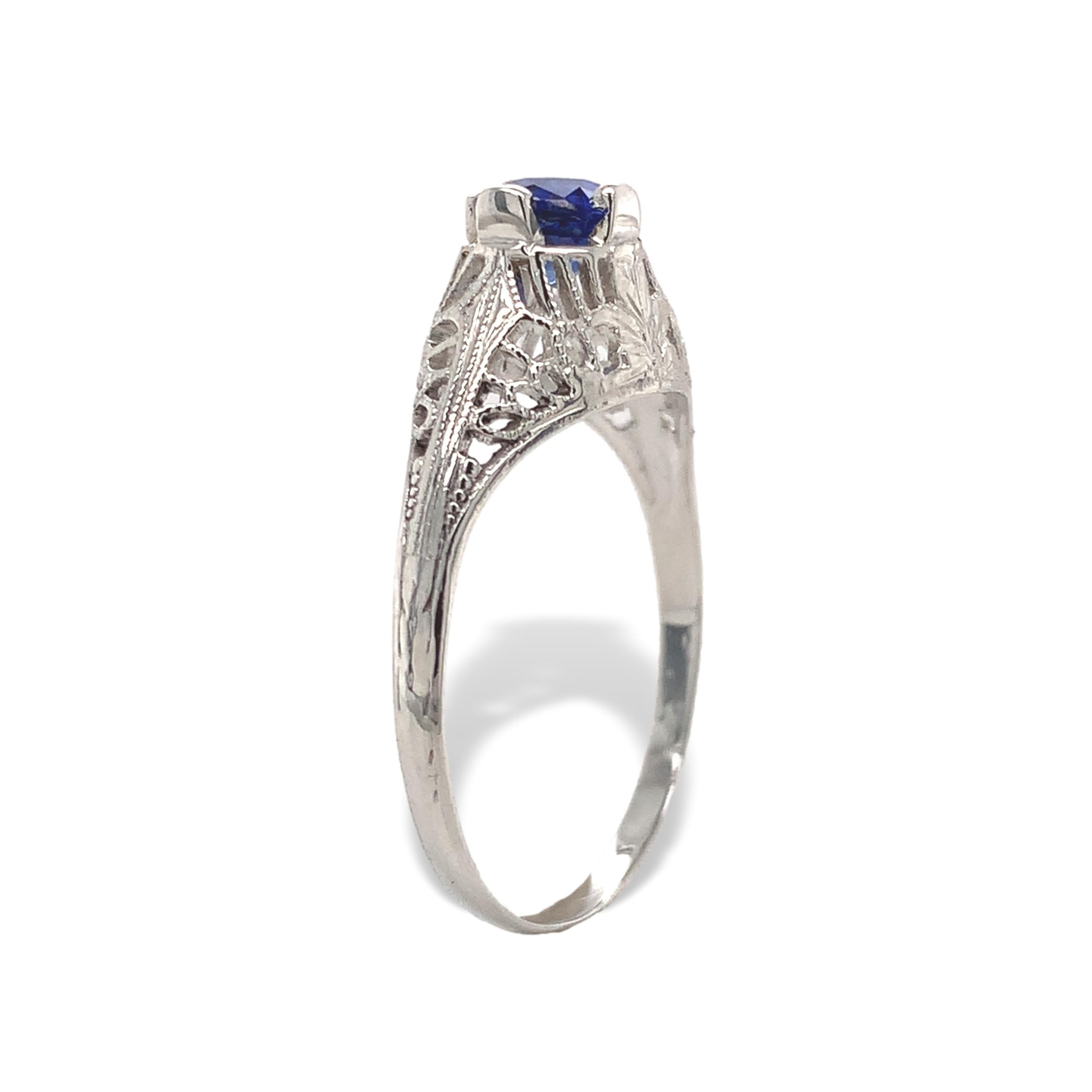 Oval Cut Art Deco 18K White Gold .87ct Sapphire Filigree Ring size 7 For Sale