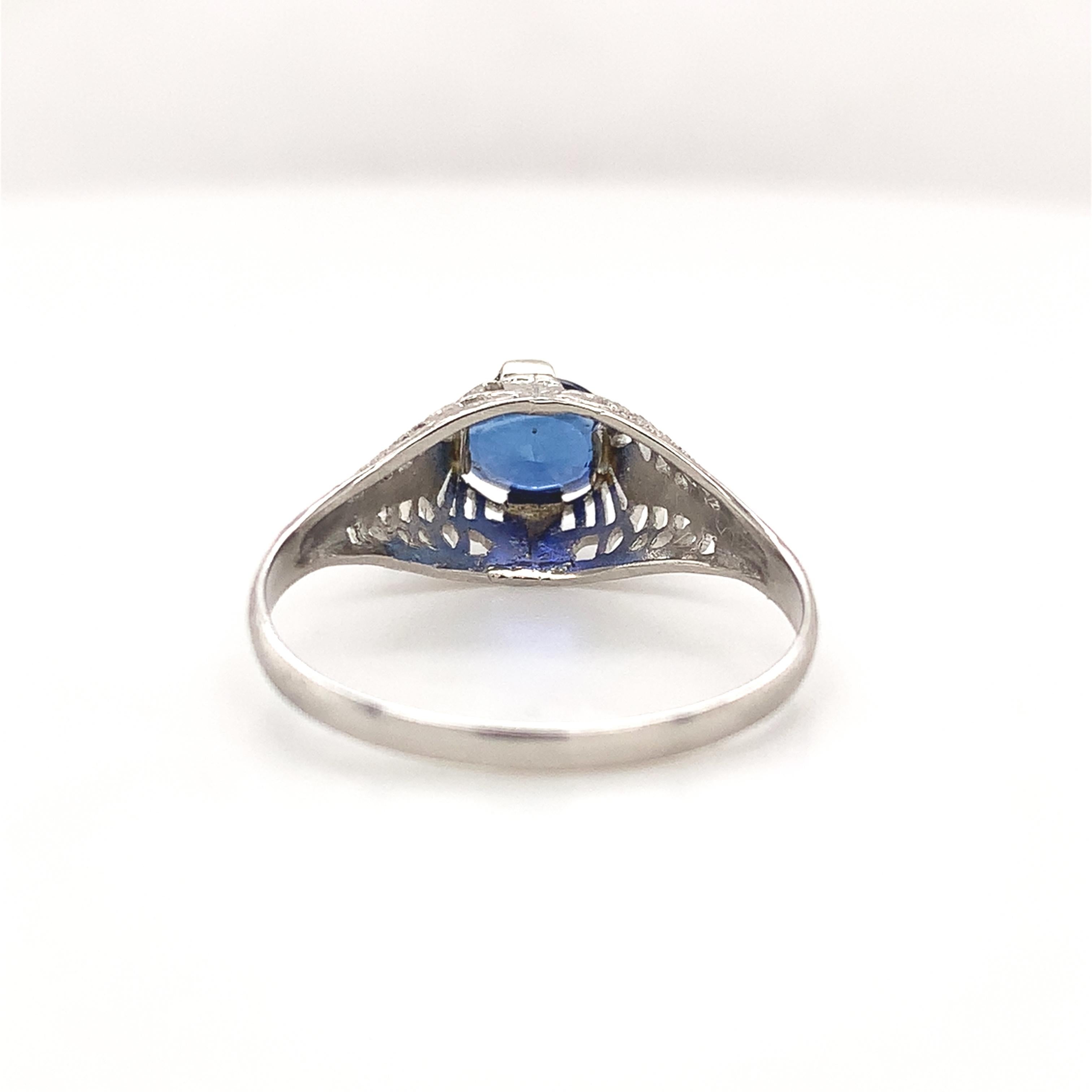 Women's Art Deco 18K White Gold .87ct Sapphire Filigree Ring size 7 For Sale