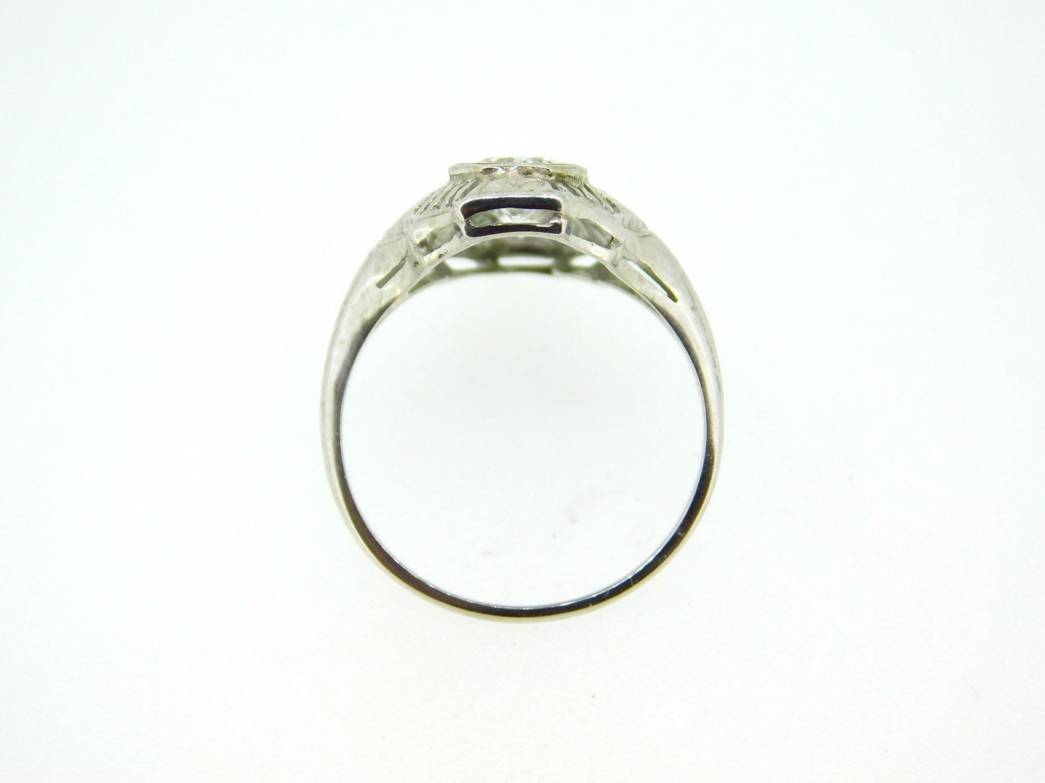 Brilliant Cut Art Deco 18k White Gold .92ct Diamond Filigree Ring '#J5050' For Sale