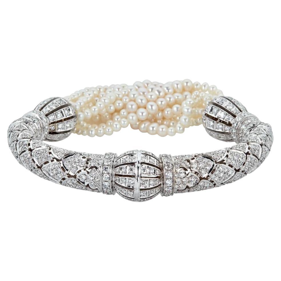 18k White Gold and Diamond Art Deco Bracelet with Fresh Water Pearls For Sale