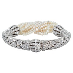 18k White Gold and Diamond Art Deco Bracelet with Fresh Water Pearls