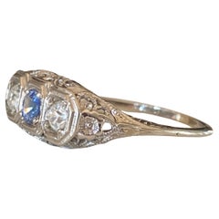 Art Deco 18K White Gold Blue Sapphire and Diamond Three-Stone Ring