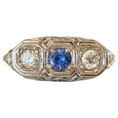 Art Deco 18K White Gold Blue Sapphire and Diamond Three-Stone Ring