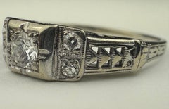 Art Deco 18K White Gold Diamond and Filigree Engagement Ring