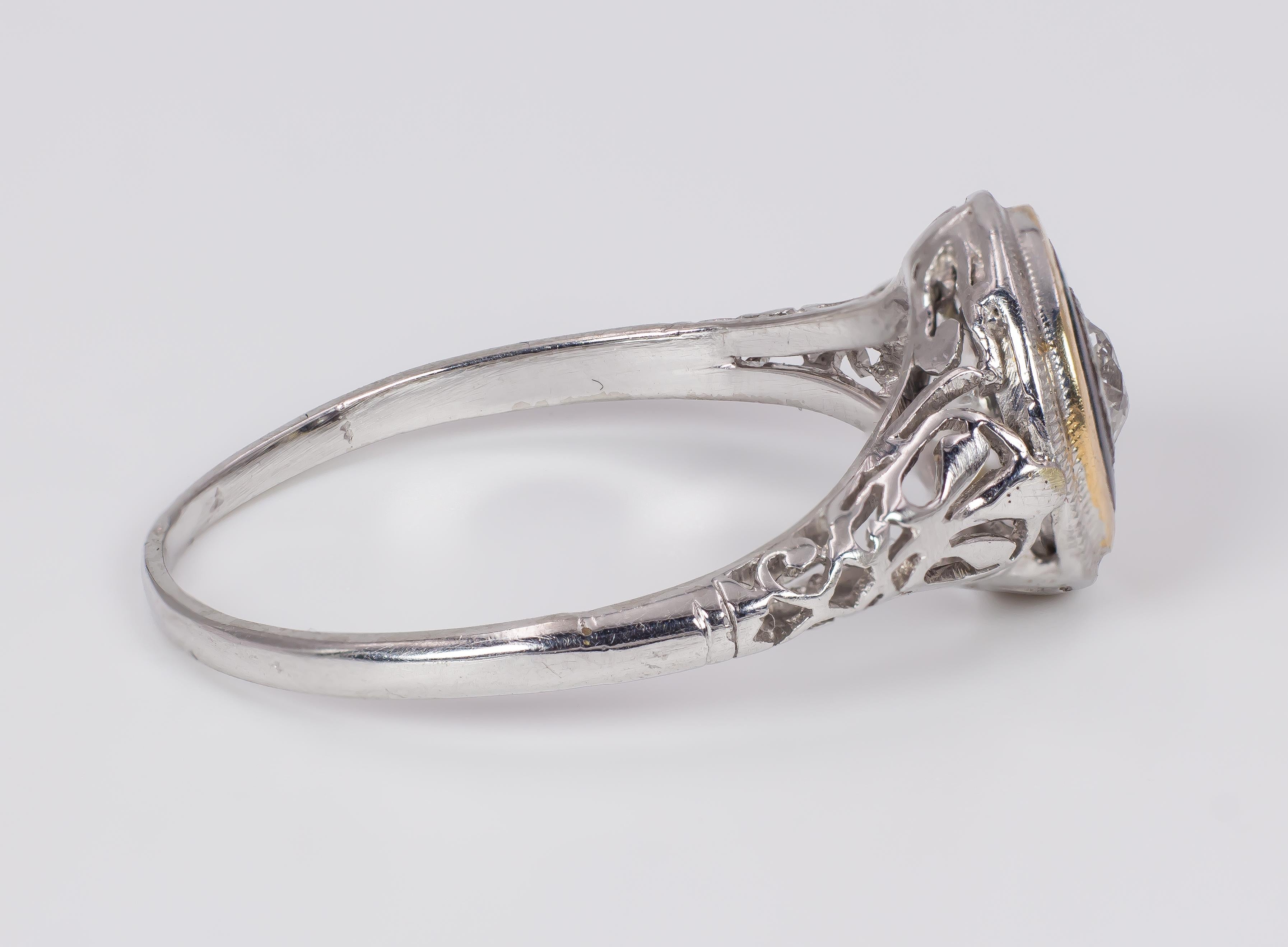 Old European Cut Art Deco 18 Karat White Gold, Diamond and Onyx Solitaire Ring, 1930s