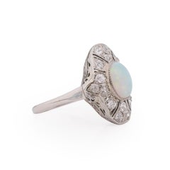 Art Deco 18K White Gold Diamond and Opal Vintage Cocktail Ring