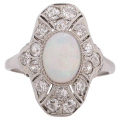 Art Deco 18K White Gold Diamond and Opal Vintage Cocktail Ring