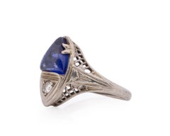 Art Deco 18 Karat White Gold Diamond and Sapphire Cabochon Marquee Style Ring