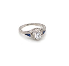 Vintage Art Deco 18K White Gold Diamond and Sapphire 1920s Ring
