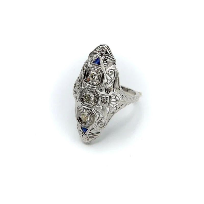 Old European Cut Art Deco 18K White Gold Diamond and Sapphire Ring For Sale