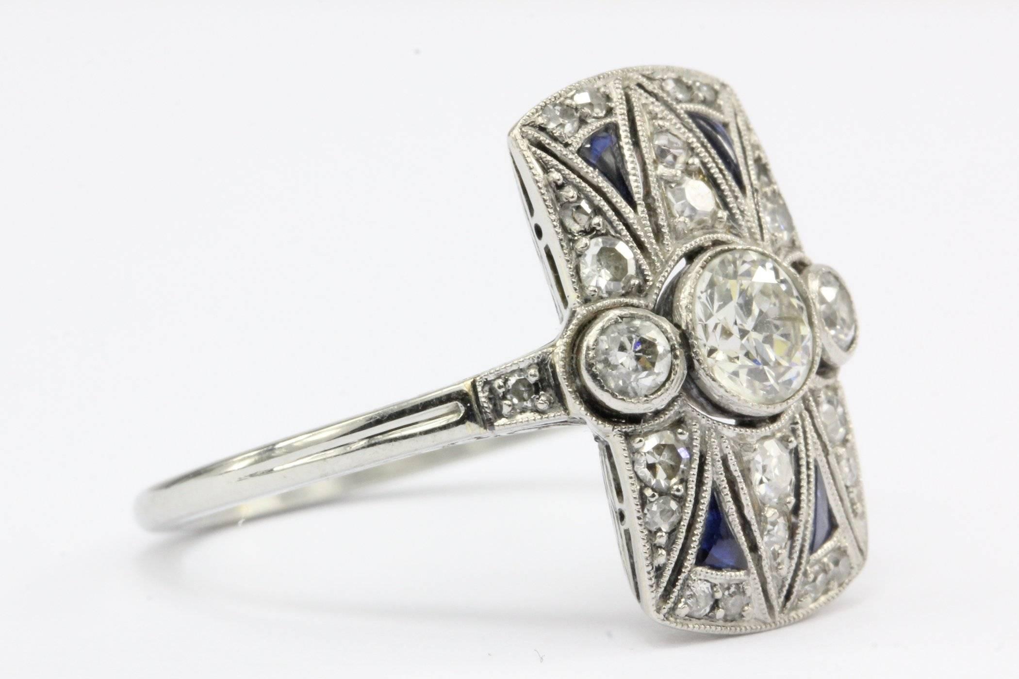 Art Deco 18 Karat White Gold Diamond and Sapphire Ring In Excellent Condition In Cape May, NJ