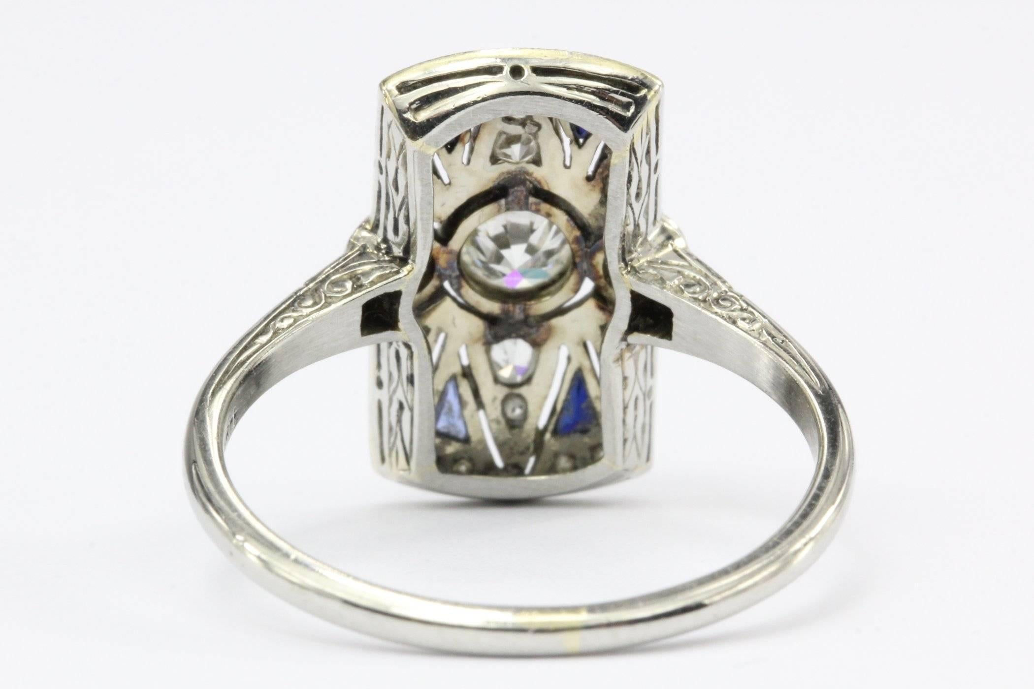 Women's or Men's Art Deco 18 Karat White Gold Diamond and Sapphire Ring