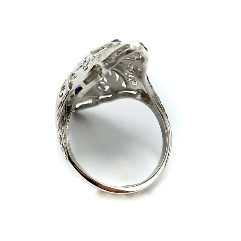 Women's or Men's Art Deco 18K White Gold Diamond and Sapphire Ring For Sale