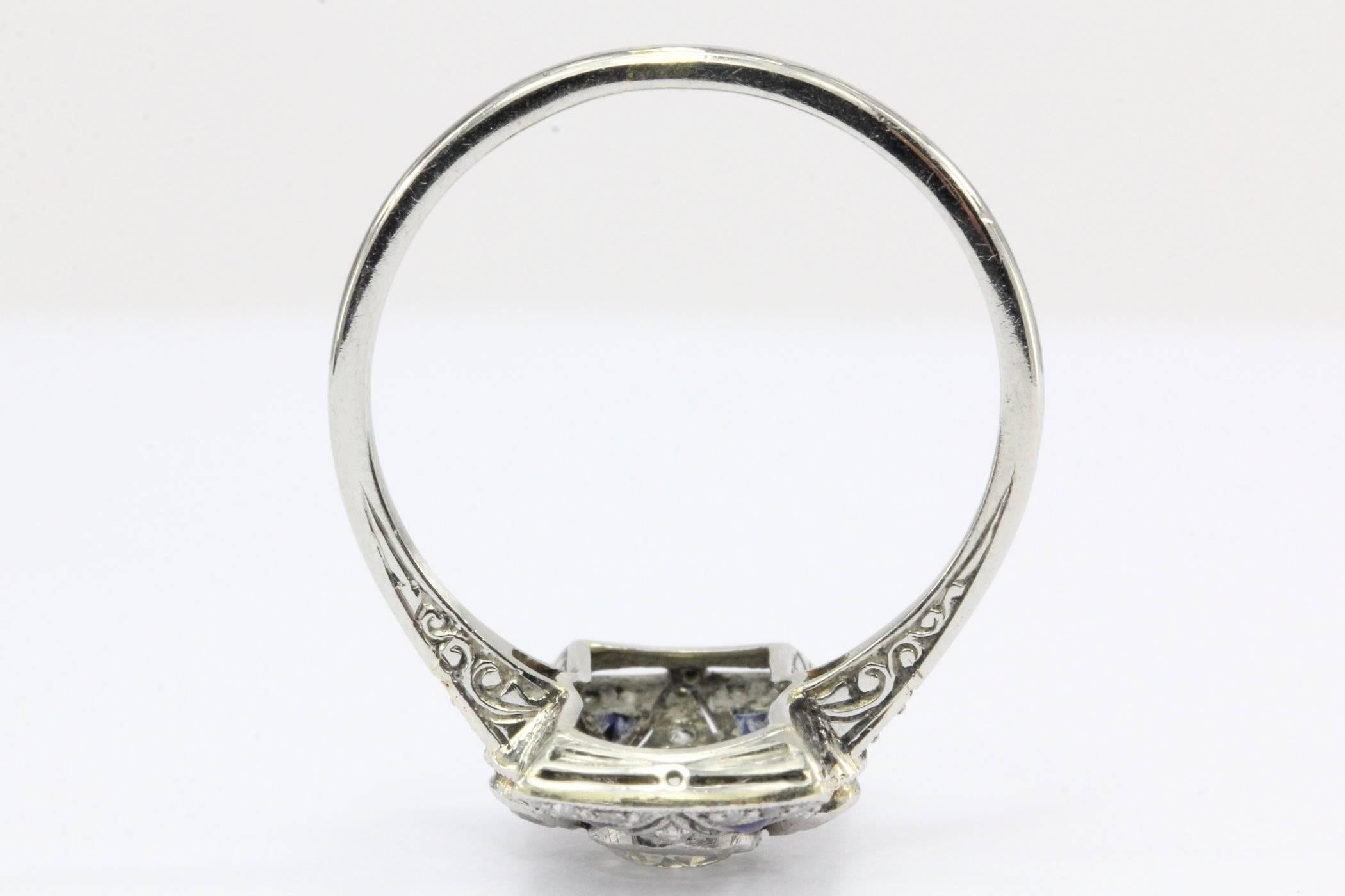 Art Deco 18 Karat White Gold Diamond and Sapphire Ring 1