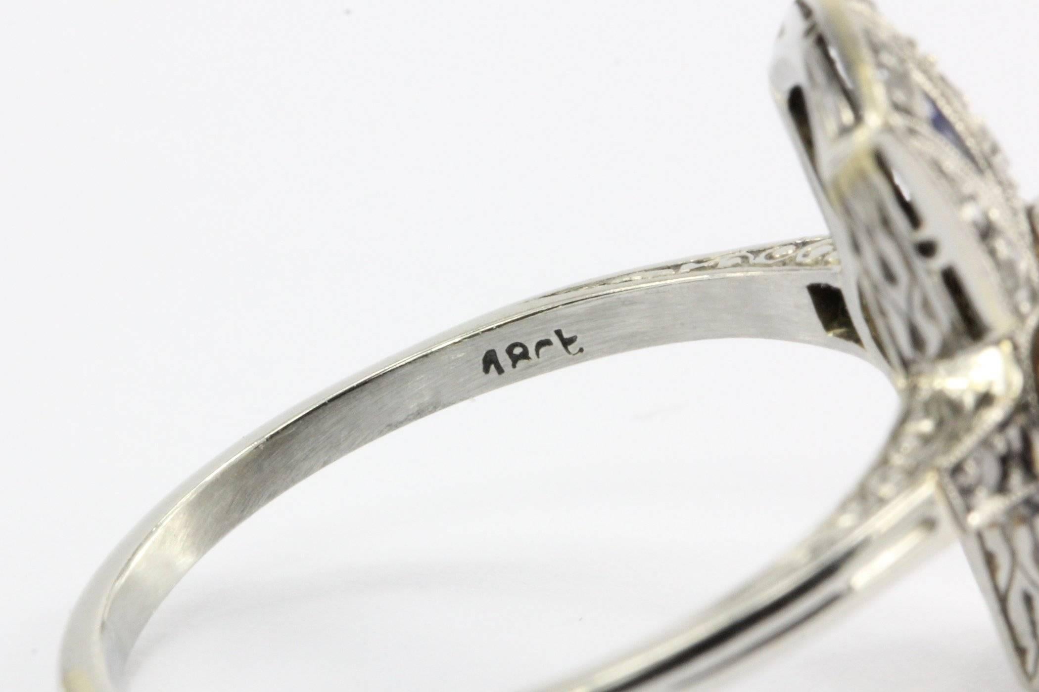 Art Deco 18 Karat White Gold Diamond and Sapphire Ring 2