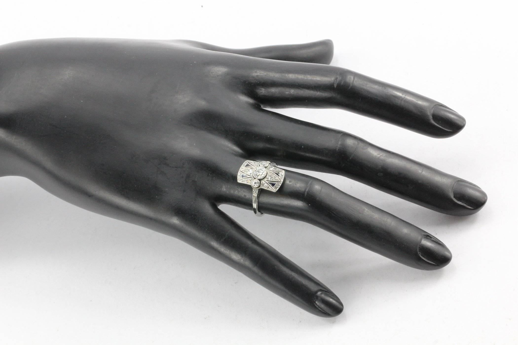 Art Deco 18 Karat White Gold Diamond and Sapphire Ring 3