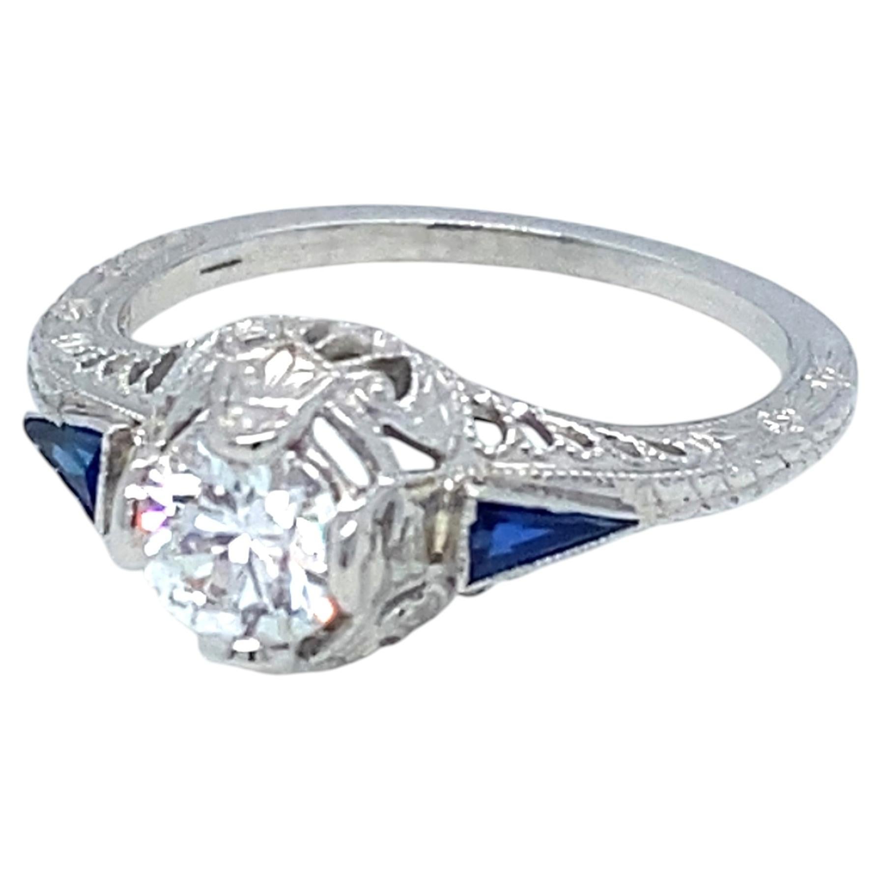 Vintage Art Deco 18K White Gold Diamond and Sapphire 1920s Ring