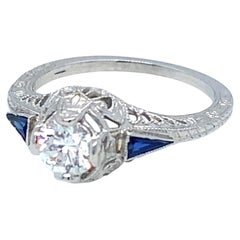 Vintage Art Deco 18K White Gold Diamond and Sapphire 1920s Ring