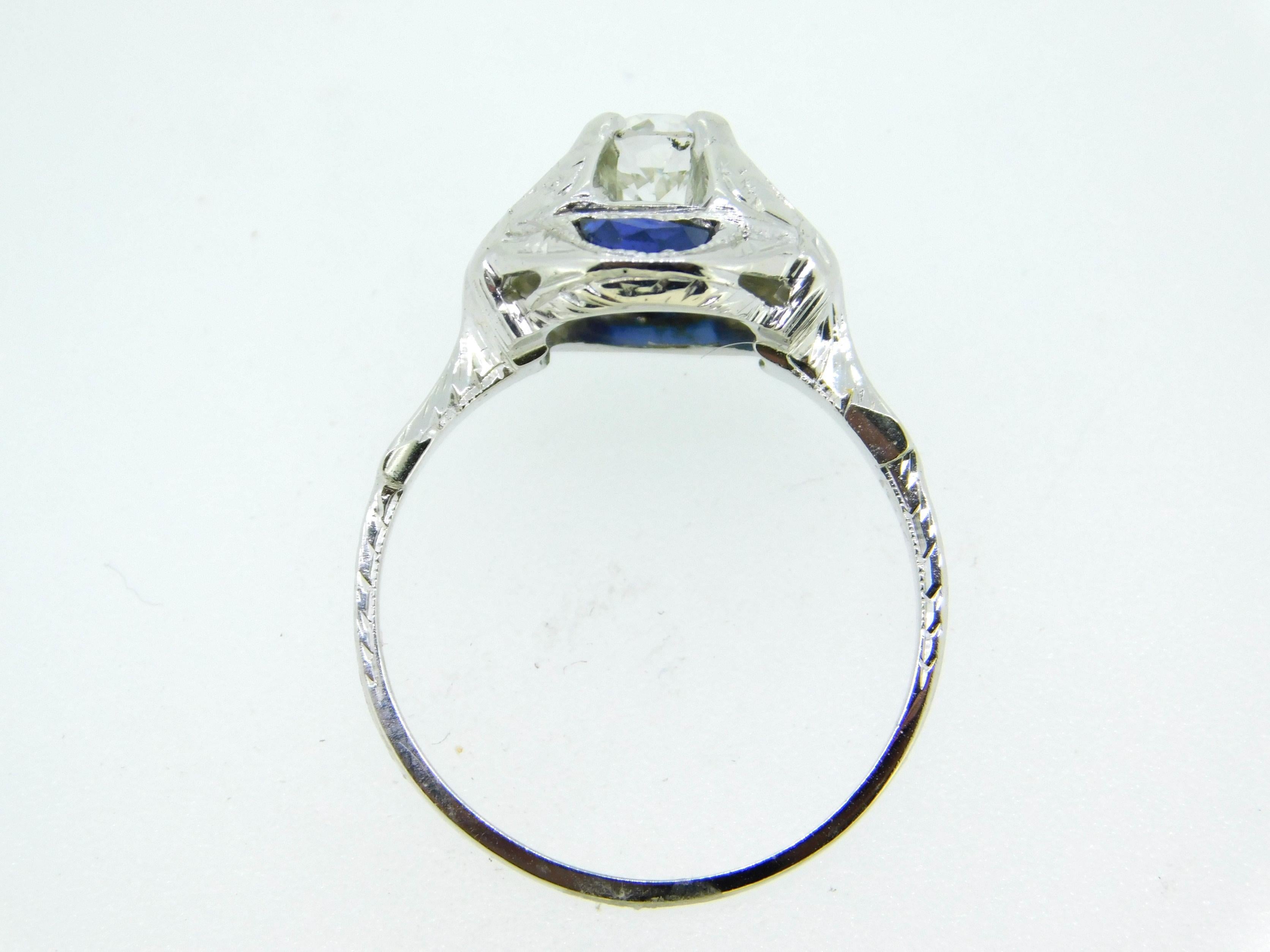 Brilliant Cut Art Deco 18k White Gold Diamond and Sapphire Ring '#J5057' For Sale