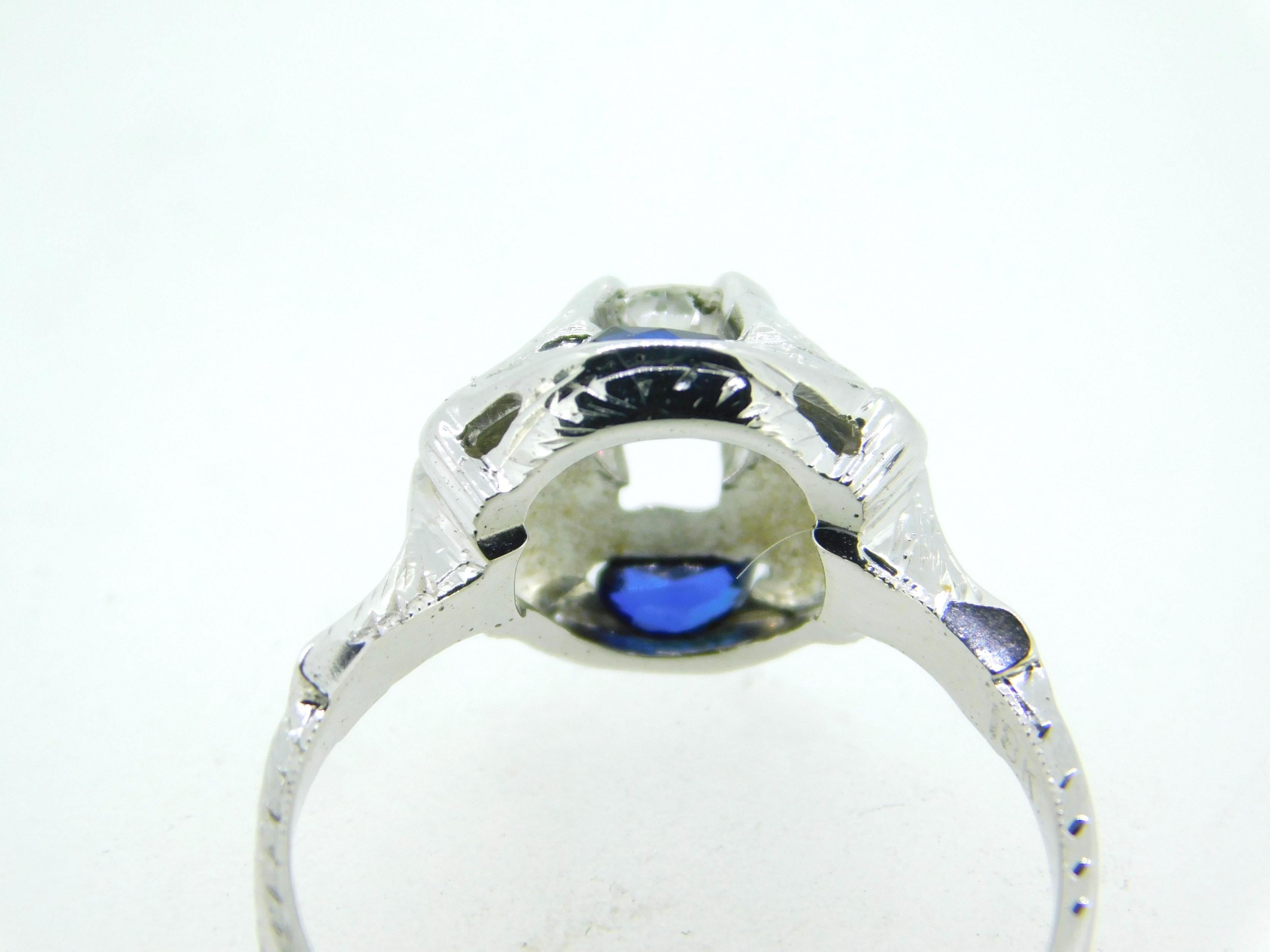 Art Deco 18k White Gold Diamond and Sapphire Ring '#J5057' In Excellent Condition For Sale In Big Bend, WI