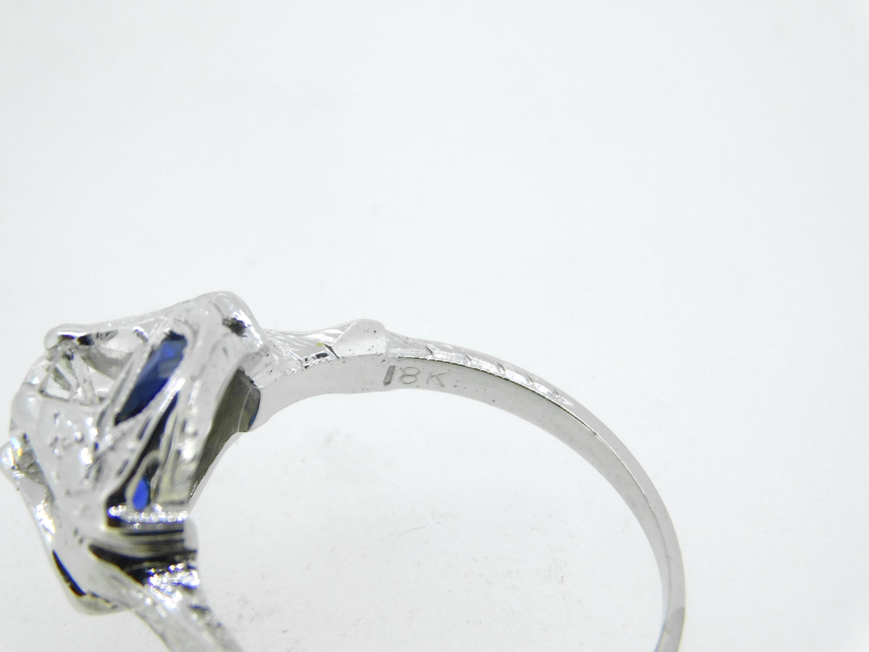 Women's Art Deco 18k White Gold Diamond and Sapphire Ring '#J5057' For Sale