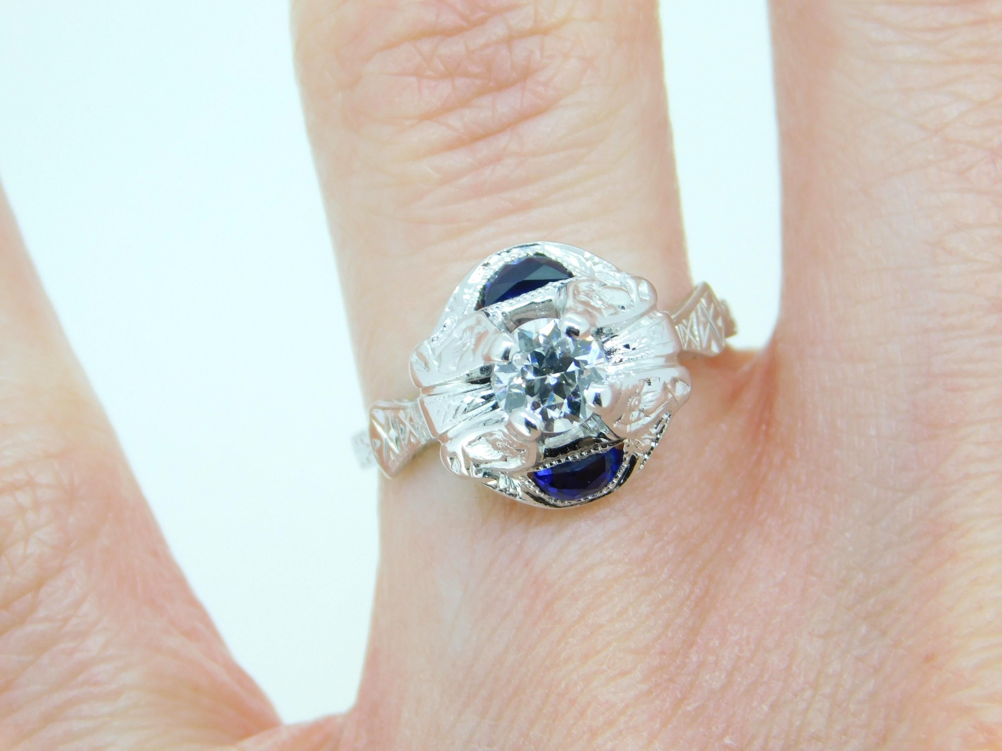 Art Deco 18k White Gold Diamond and Sapphire Ring '#J5057' For Sale 1