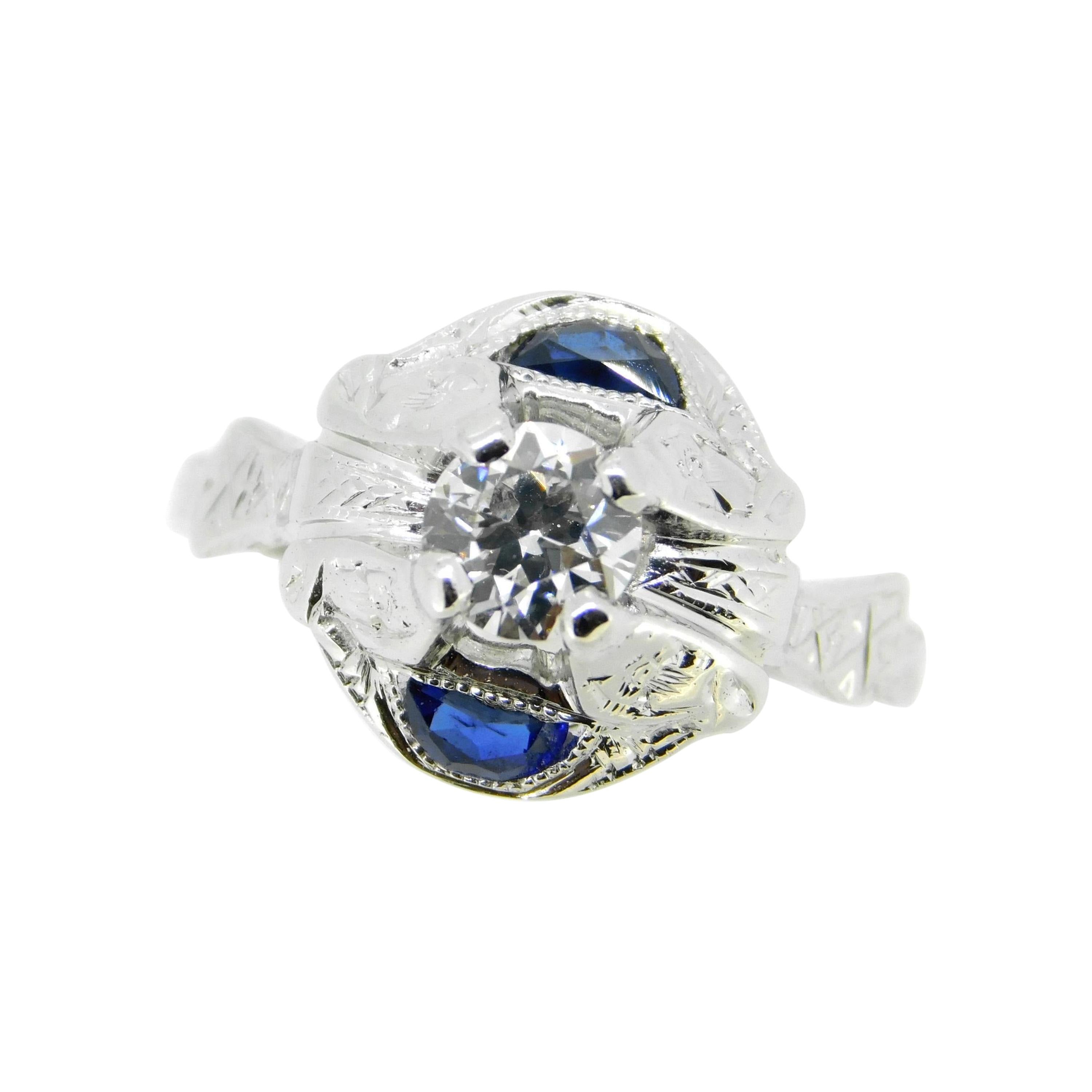 Art Deco 18k White Gold Diamond and Sapphire Ring '#J5057' For Sale