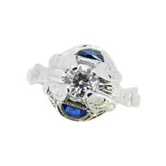 Vintage Art Deco 18k White Gold Diamond and Sapphire Ring '#J5057'