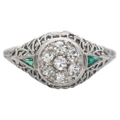 Art Deco 18k White Gold Diamond and Synthetic Emerald Filigree Ring