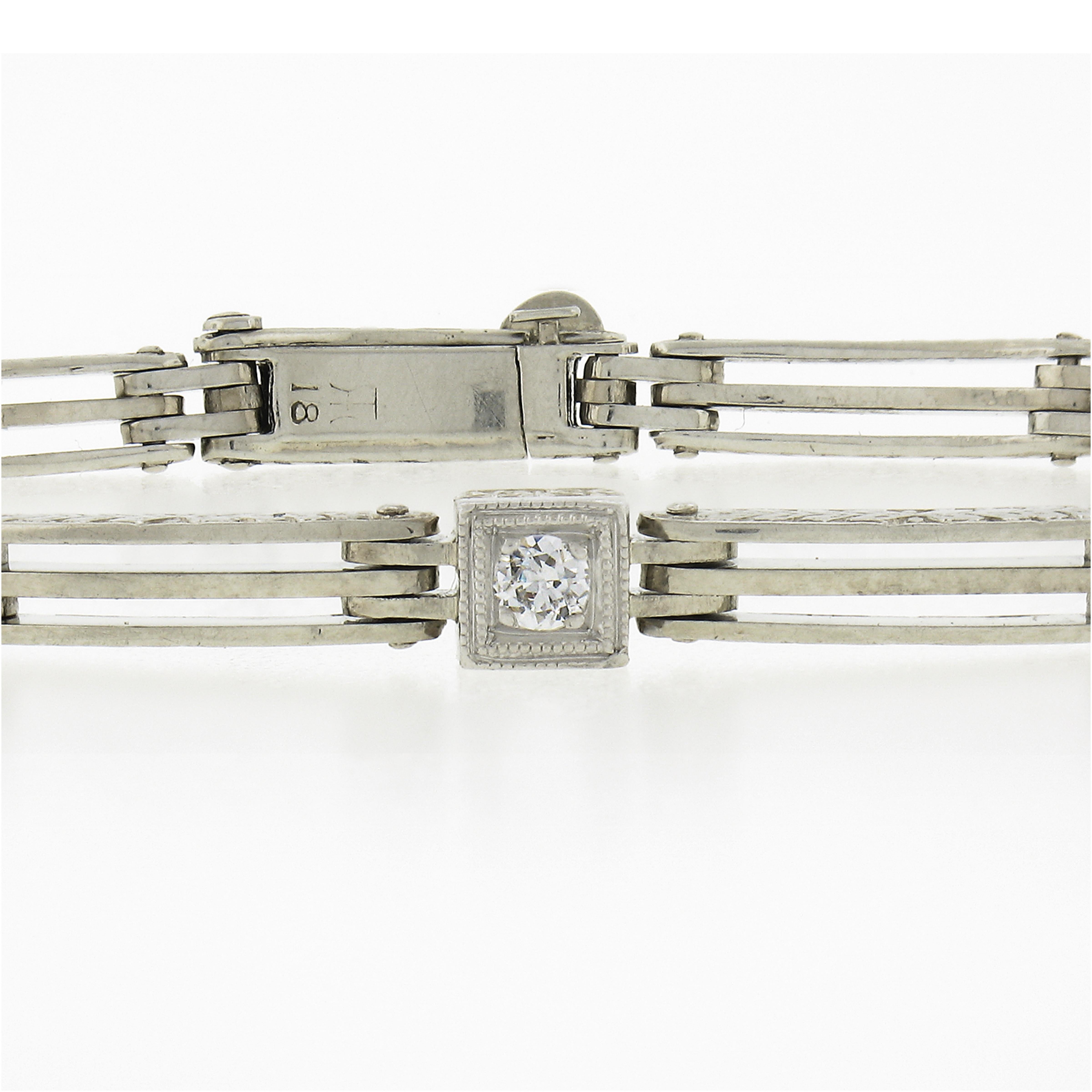 Art Deco 18k White Gold Diamond Blue Stone Open Grooved Wheat Work Line Bracelet In Good Condition For Sale In Montclair, NJ