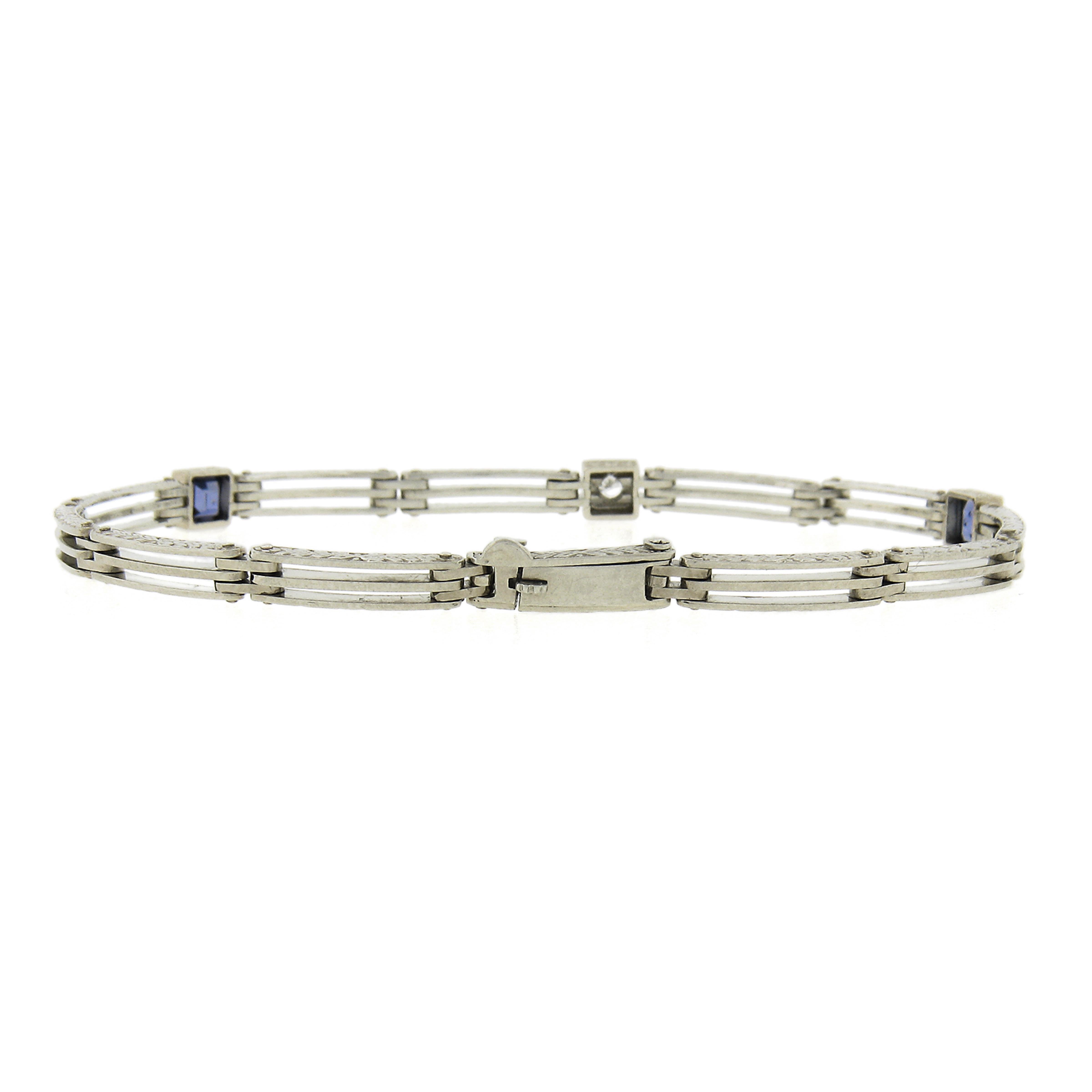 Women's or Men's Art Deco 18k White Gold Diamond Blue Stone Open Grooved Wheat Work Line Bracelet For Sale