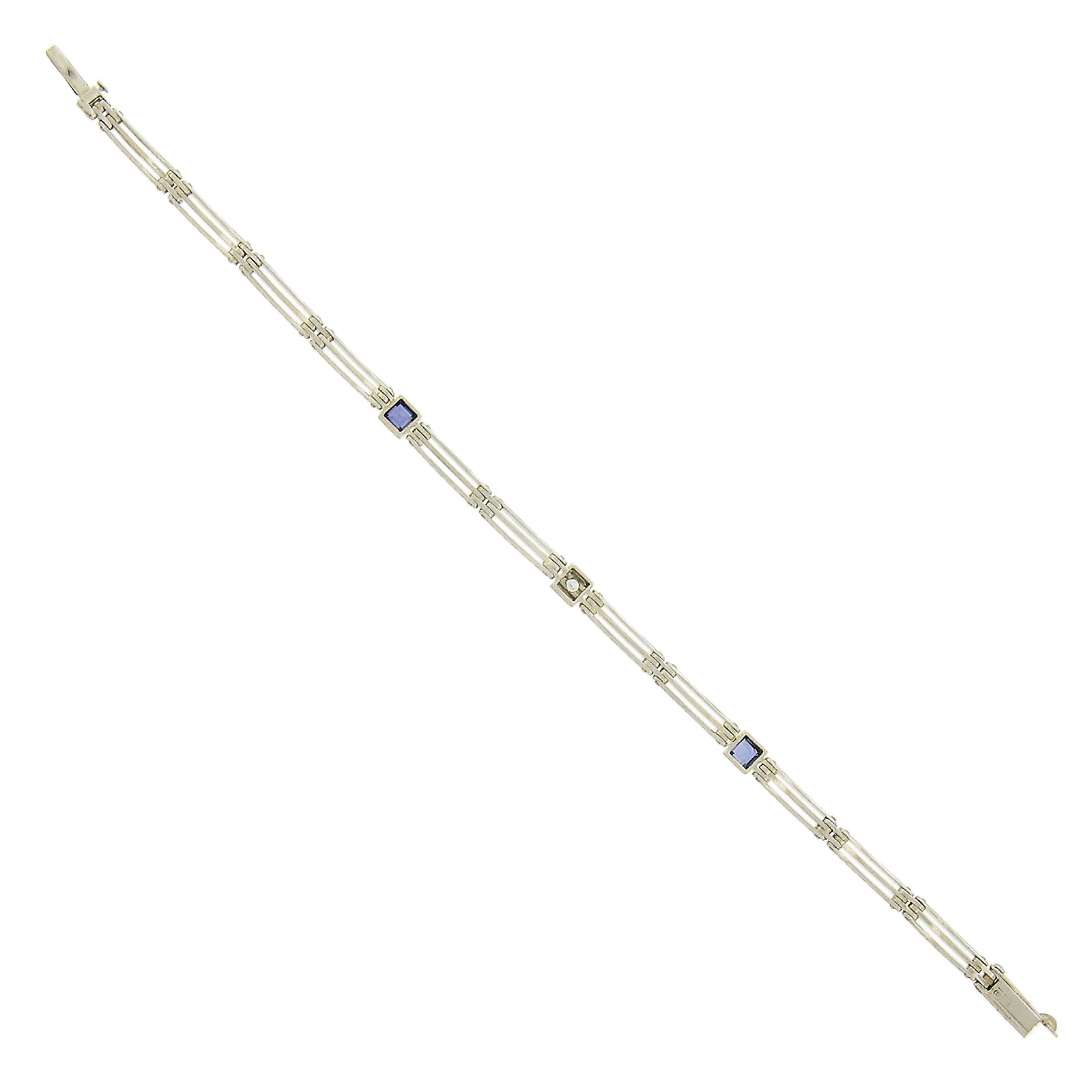 Art Deco 18k White Gold Diamond Blue Stone Open Grooved Wheat Work Line Bracelet For Sale 2