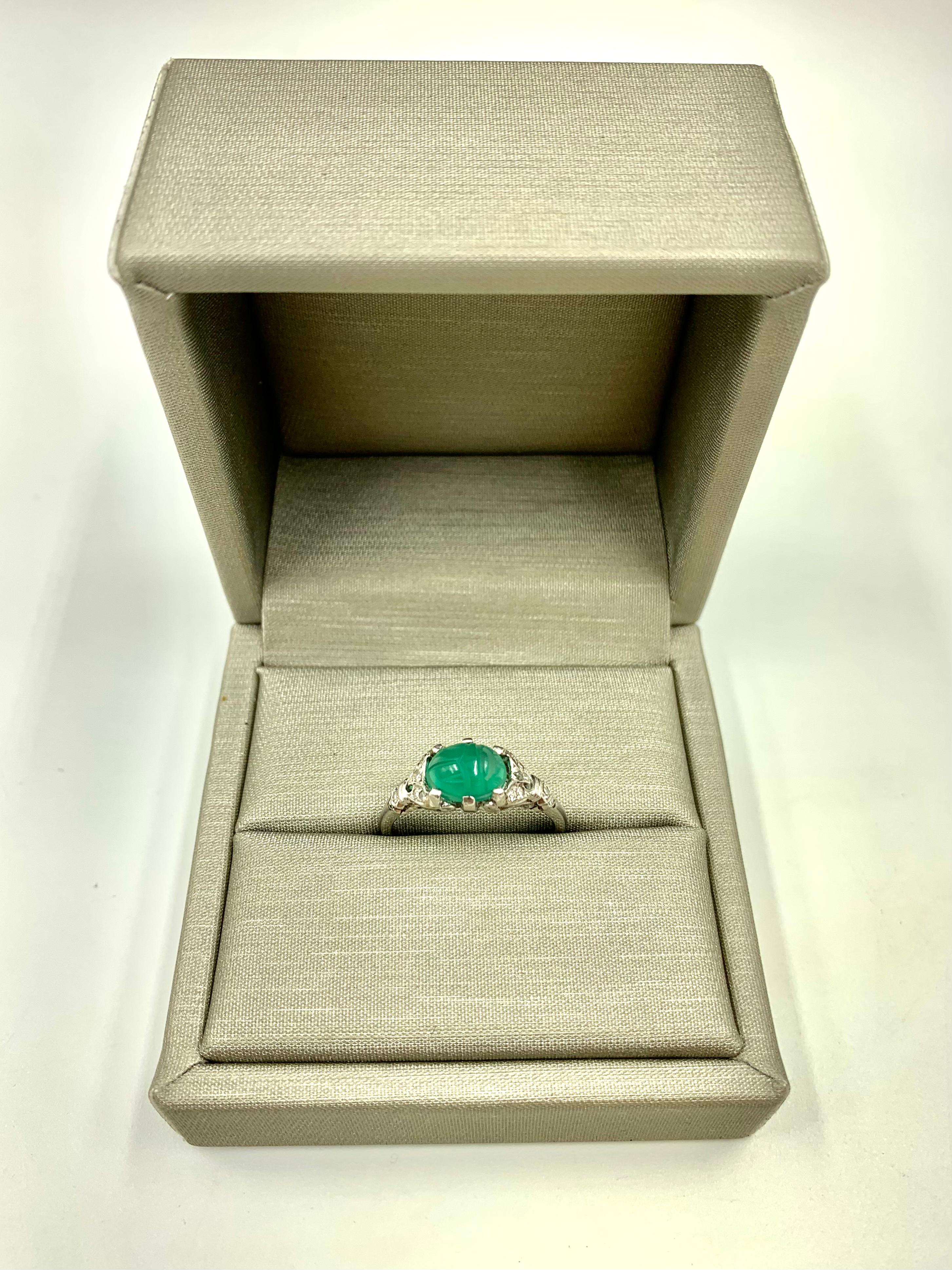 Mixed Cut Art Deco 18K White Gold Diamond, Carved Green Onyx Scarab Ring, Amulet For Sale