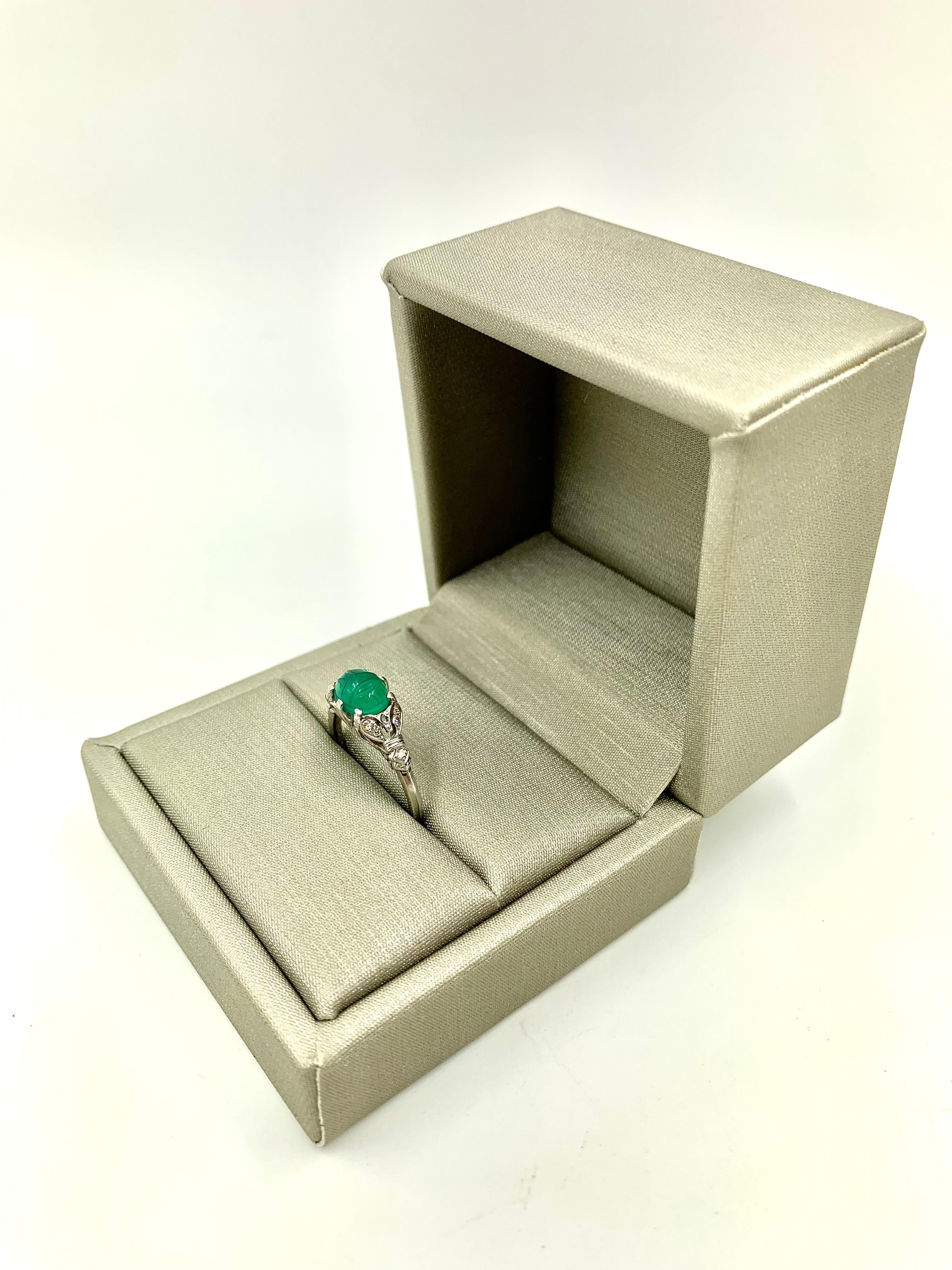 Art Deco 18K White Gold Diamond, Carved Green Onyx Scarab Ring, Amulet For Sale 2