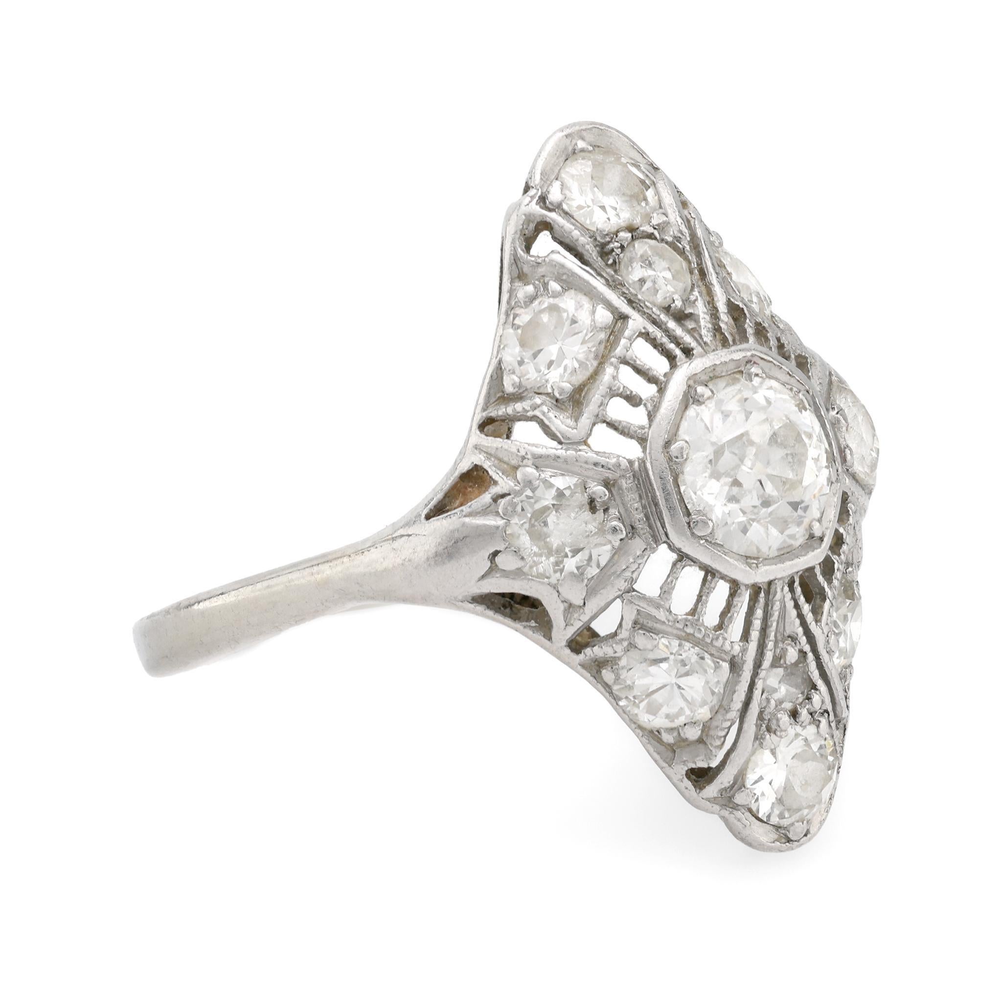 Old European Cut Art Deco 18k white gold diamond filigree ring For Sale