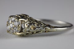 Art Deco 18K White Gold Diamond Floral Cluster Ring