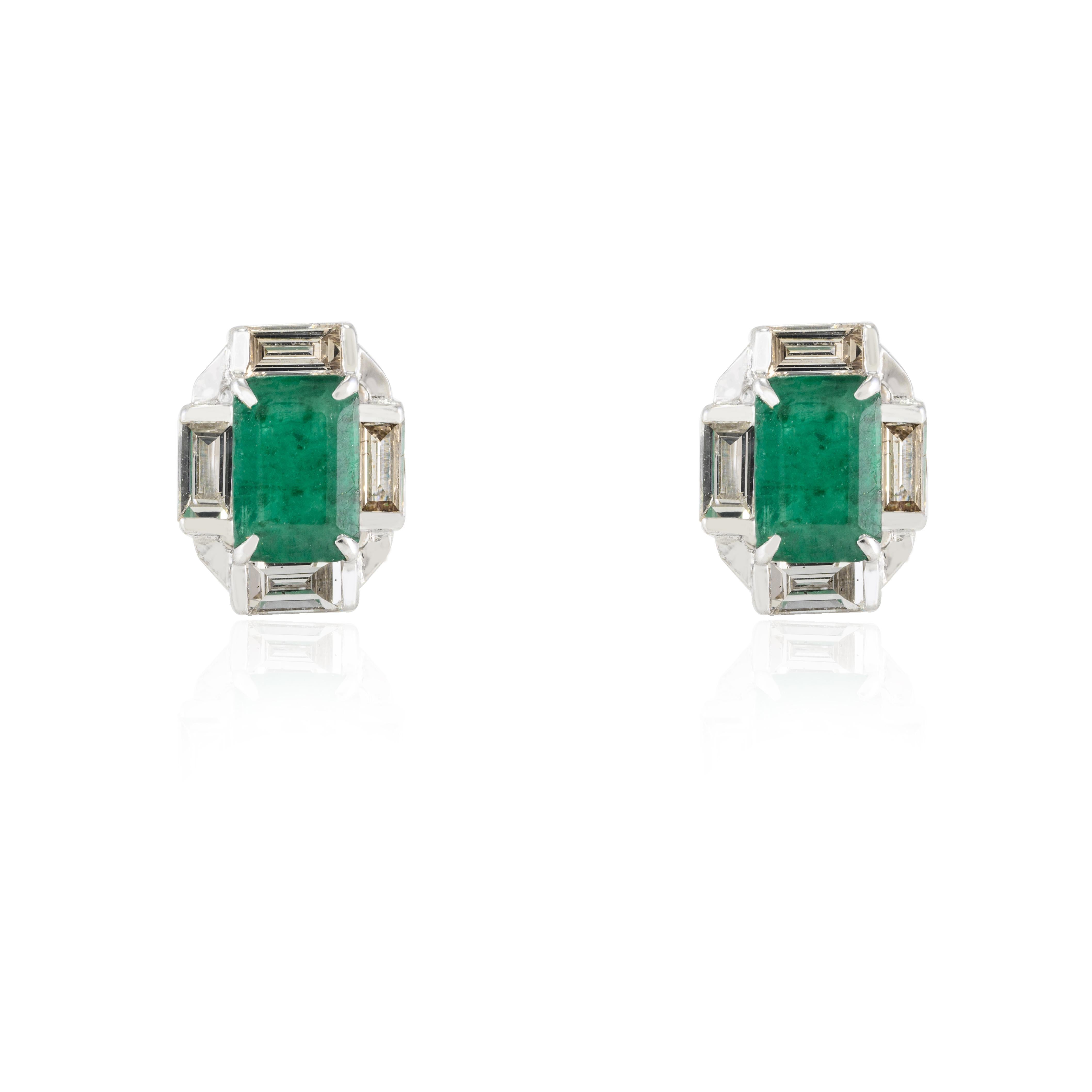 Art Deco 18k White Gold Diamond Halo Emerald Cut Natural Emerald Stud Earrings For Sale 1