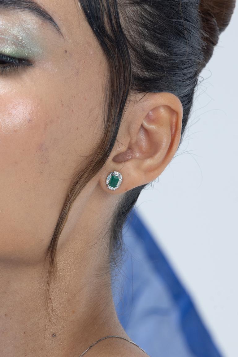 Art Deco 18k White Gold Diamond Halo Emerald Cut Natural Emerald Stud Earrings For Sale 2